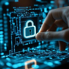 Poster - Client touches padlock icon on cyberspace system screen ensuring personal datum protection and security for business and consumer information  high resolution   for isolate image