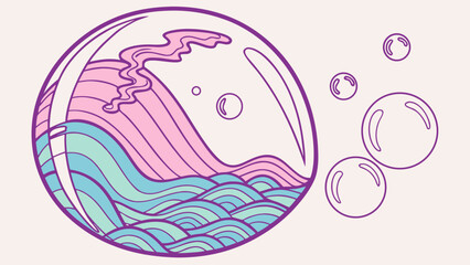 Poster - Aesthetic bubble containing ocean waves and pink clouds with floating bubbles on a light background created with generated ai