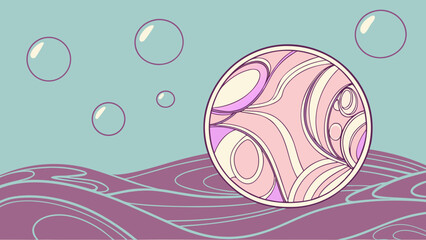 Poster - Abstract scene with bubbles floating above stylized waves and a circular patterned design element created with generated ai