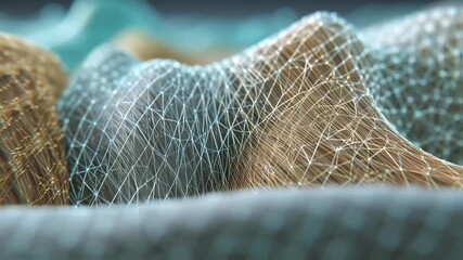 Poster - Abstract close up of an innovative metallic fabric weaving, forming wavy shapes and textures, showcasing a blend of gold and light blue colors with a focus on material properties and design
