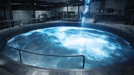 Poster - Futuristic glowing liquid filling a large industrial tank with water falling from above in a modern industrial setting, showcasing innovation and advanced technology