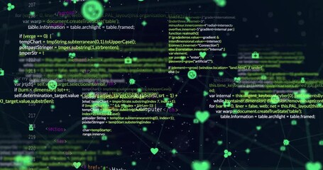 Poster - Dark grid opening HTML and JS code as neon-green icons linking and pulsing to security network