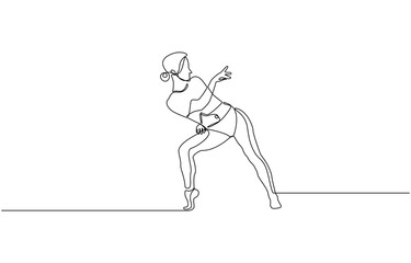 Dancing woman in motion continuous one line art drawing isolated on white background. Ballet dancer body freedom concept. 