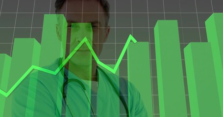 Poster - Doctor in scrubs observing green bars and line graph growing into health chart illustrating trends