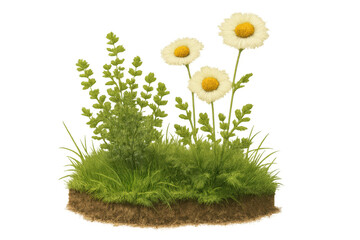 Poster - Verdant landscape featuring white wildflowers with golden centers, highlighting soft botanical elegance against clear backdrop