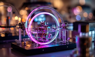 Fototapete - 
A close-up of an advanced energy device with glowing neon rings, creating circular fields around it in the dark room. 