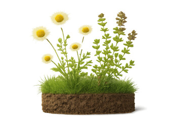 Poster - 3d rendering of a tuft of grass with wildflowers and herbs growing on it, isolated on transparent background