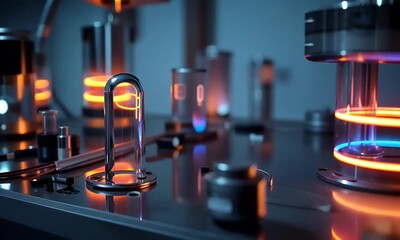 Fototapete - 
A close-up of an advanced energy device with glowing neon rings, creating circular fields around it in the dark room. 