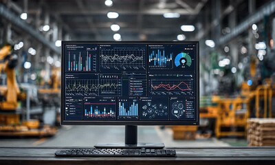 Aufkleber - A computer monitor displaying data visualizations and graphs, with an industrial background of machinery in the factory setting.