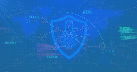 Poster - Opening cybersecurity network, shield fading, nodes and data overlays connecting for security