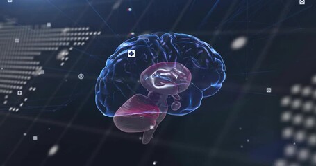 Poster - Materializing 3D brain model rotating with scrolling code and pulsing map visualizing data flow
