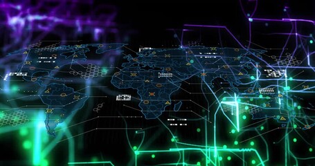 Fototapete - Opening neon blue map brightening while purple circuits weaving icons pulsing building interface