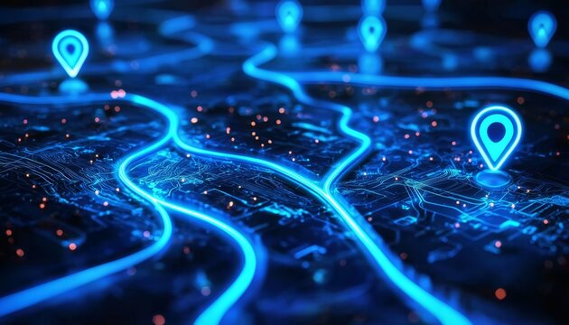 Futuristic concept featuring geolocations with pins and routes.
