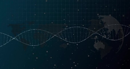 Poster - Particles drifting on blue grid aligning into sine waves, merging into helix beside rotating globe