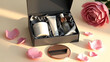 © MdSona - Luxurious skincare gift set with rose petals and a rose flower arranged elegantly in a dark box