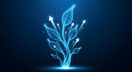 Fototapete - Glowing digital plant with upward arrows symbolizes growth, progress, and technological advancement. A symbol of innovation and development.