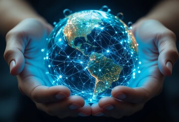 Poster - Holding a Glowing Digital Earth with North and South America – Global Connectivity and Technology Innovation Theme
