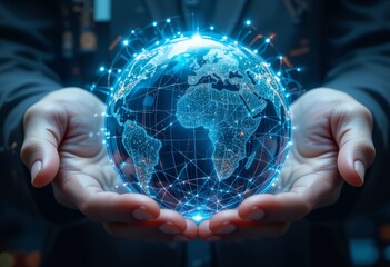 Poster - Holding a Glowing Digital Earth with North and South America – Global Connectivity and Technology Innovation Theme