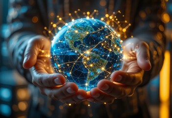 Poster - Blue Glowing Earth in Human Hands – AI Network Technology and Global Innovation Conceptual Representation