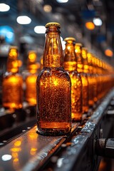 Poster - Beer bottles on a production line in an illuminated brewery