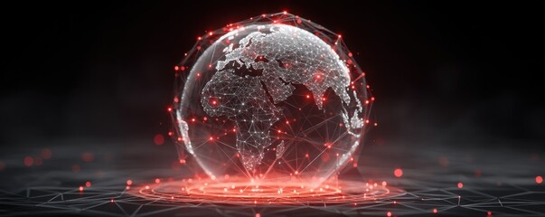 Poster - Digital globe with red nodes representing global connectivity and blockchain technology