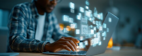 Poster - Man working on laptop with futuristic digital interface in modern home office