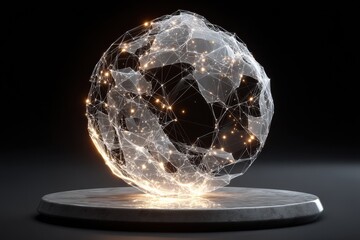 Poster - Glowing interconnected network sphere on a dark background representing connectivity
