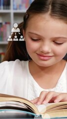 Poster - Animation of profile icon flowchart over caucasian girl reading book in library in school