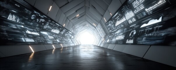 Poster - Futuristic high-tech corridor displaying data visuals and holograms under dramatic lighting