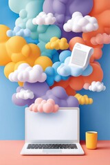 Poster - Colorful clouds ascending from a laptop with a coffee mug beside it