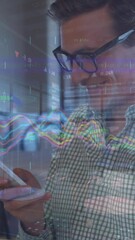 Poster - Animation of graphs over happy caucasian man using smartphone