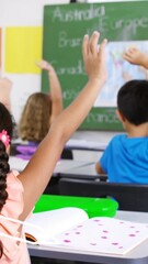 Poster - Animation of school items icons over students and teacher in classroom