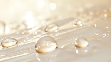 Wall Mural - A soft, minimalistic background in warm cream and white tones. Transparent water droplets gently drift and glide across a smooth surface, reflecting soft light and creating delicate highlights. 
