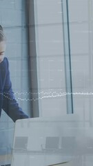 Poster - Animation of digital waves over businesswoman talking on cellphone and time lapse of blurred people