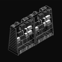Poster - A black and white contour drawing of a 3D bookcase filled with neatly arranged books, resembling a compact library shelf. The clean lines and monochrome style emphasize simplicity and organization.