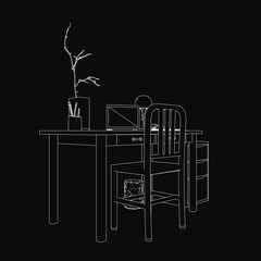 Fototapete - A black and white contour illustration of a workplace desk with a chair and potted plant. The setup includes a monitor, pen stand with pens, and scattered items.