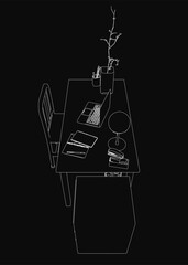 Poster - A sleek laptop sits on a dark wooden desk with an empty chair beside it, illuminated by soft ambient light. A potted plant adds a touch of nature to the modern workspace.