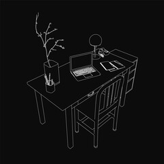 Poster - A laptop sits on a dark wooden desk beside an empty chair, illuminated by a warm desk lamp. A potted plant, pen stand, and mobile phone add life to the workspace.