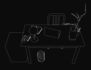 Poster - A black and white contour illustration of a workplace desk with a chair, featuring a laptop, a glass holding a small plant, and scattered objects. The dark background creates a mysterious atmosphere.