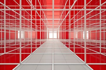 Poster - Futuristic Red Geometric Tunnel with White Grid Framework and Perspective Depth

