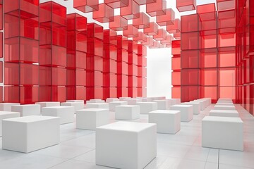 Poster - Abstract Interior with White Cubes on Floor and Transparent Red Grid Walls and Ceiling