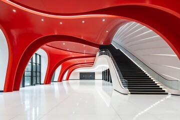 Poster - Futuristic Red and White Interior with Curved Ceiling, Black Staircase, and Glossy Floor in Sunlit Space