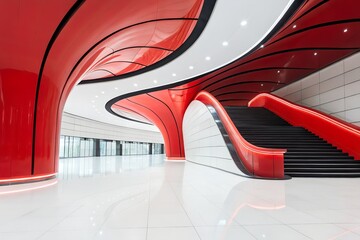 Poster - Futuristic Interior with Curved Red and White Walls, Sweeping Staircase, and Glossy White Floor