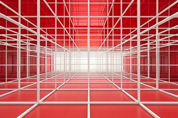 Poster - Abstract 3D White Grid Structure on Red Gradient Background with Geometric Depth