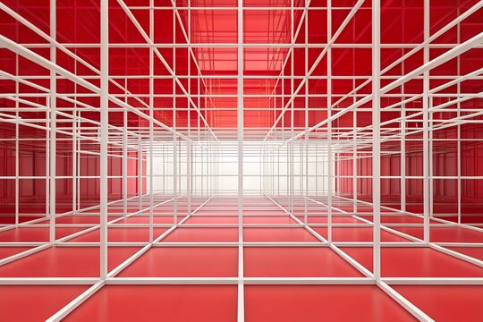 Abstract 3D White Grid Structure on Red Gradient Background with Geometric Depth