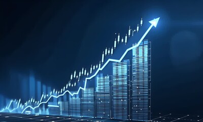 Poster - Blue stock market growth graph with an upward trend on a dark background, 
