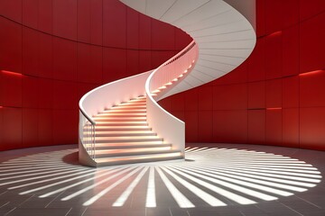 Poster - White Spiral Staircase with Illuminated Steps and Red Curved Wall in Modern Interior