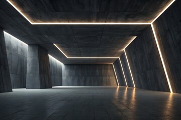 Poster - Minimalist Dark Interior with Geometric Walls and Embedded Linear Lighting