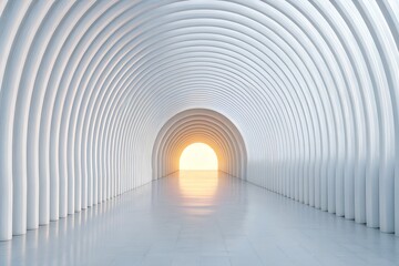 Poster - Futuristic White Arched Tunnel with Ribbed Walls and Reflective Floor Illuminated by End Light