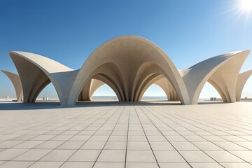 Poster - Futuristic Shell-Inspired Pavilion with Curved Arches on Tiled Plaza under Clear Blue Sky